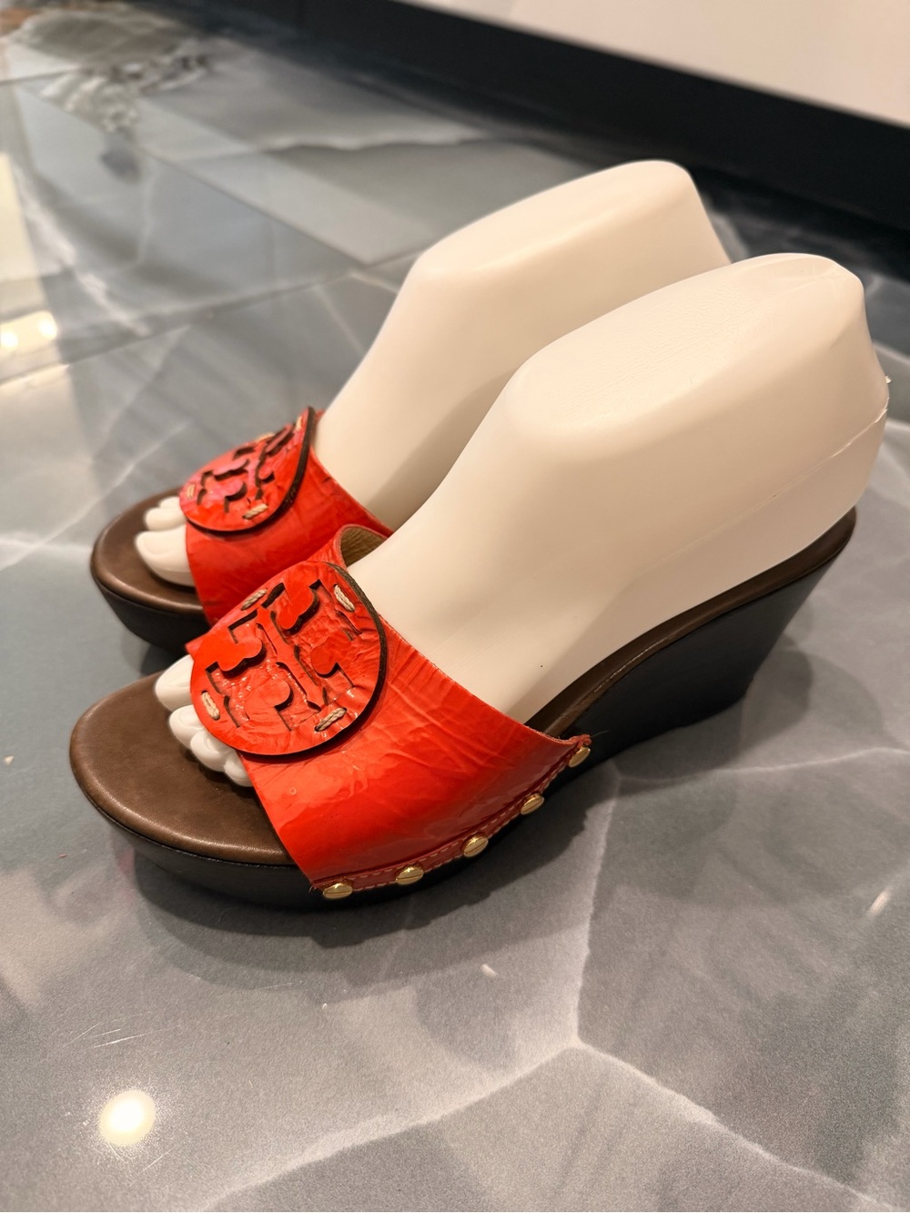 Tory Burch Blood Orange Red Leather Logo Wedge Slides